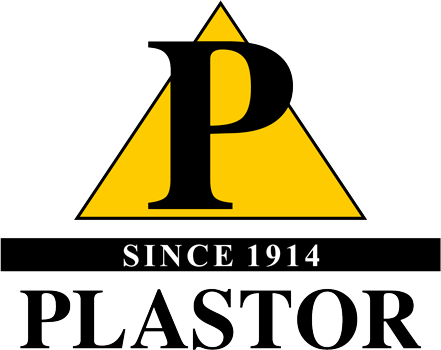 Plastor logo: yellow triangle with a bold black P, a black bar reading SINCE 1914, and the word PLASTOR.