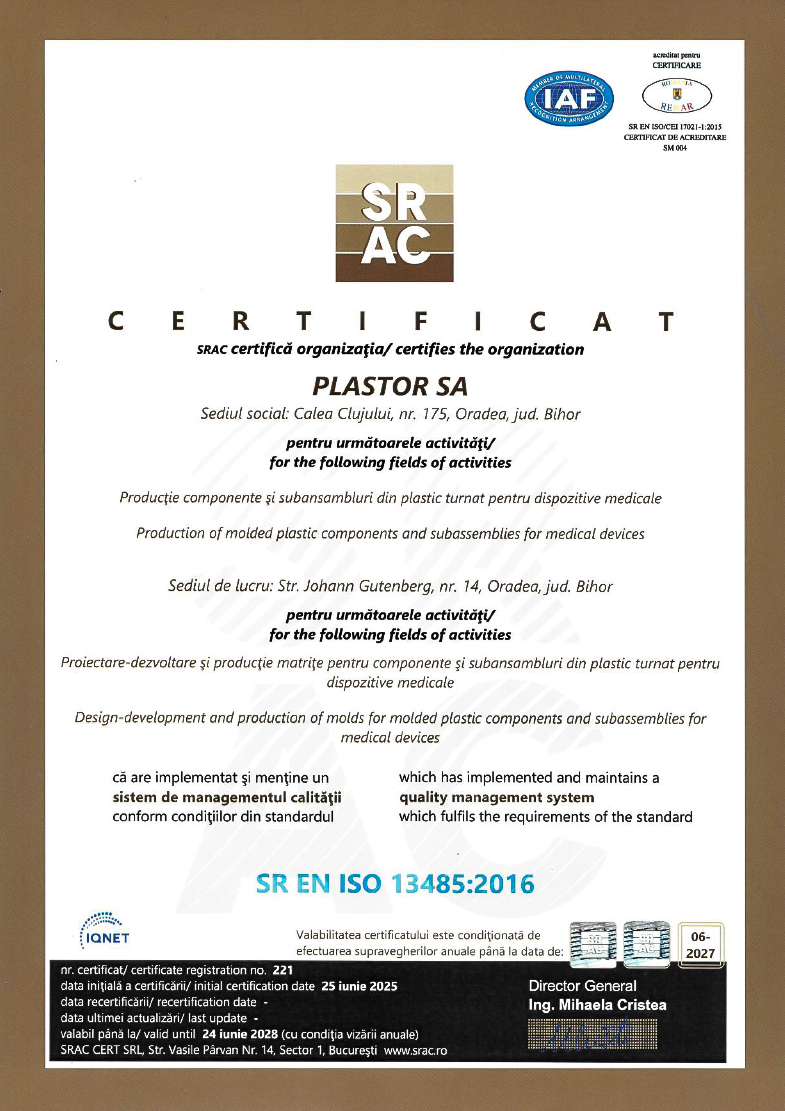 Document de certificare de la SRAC care certifică Plastor SA pentru conformitatea cu ISO 13485:2016, cu sigle vizibile pe pagină.